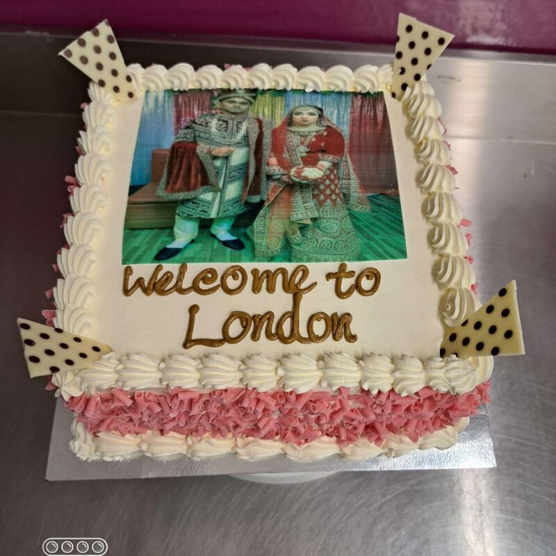 Couple Photo  Cake with Pink Curl
