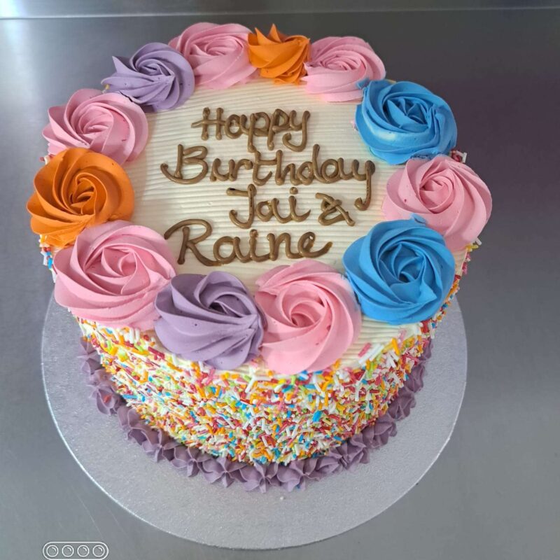 Rainbow cake with hundred and thousands