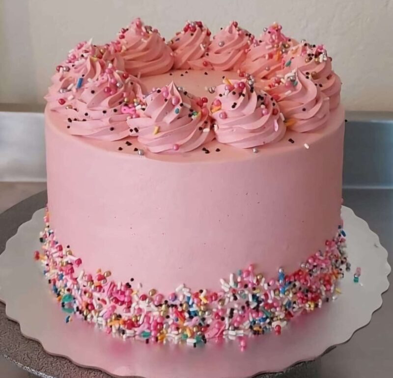 Pink tall cake with rainbow sprinkle down