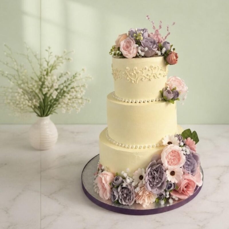 Signature Wedding Cake with Summer Flowers